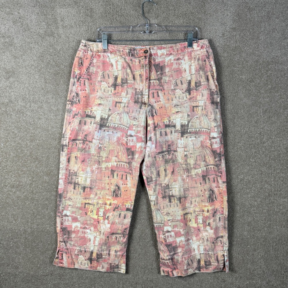 Chico's Crop Pants Womens 2.5 Pink Orange Architectural City Print Cotton Capri